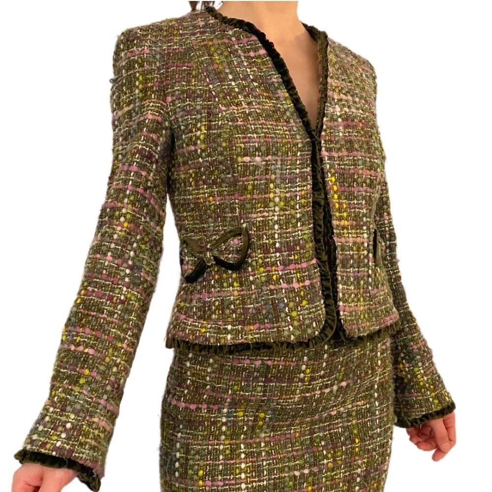 I.N.C Women's Tweed Green Bow Detail Velvet Piping Cropped Wool Blazer Size 6